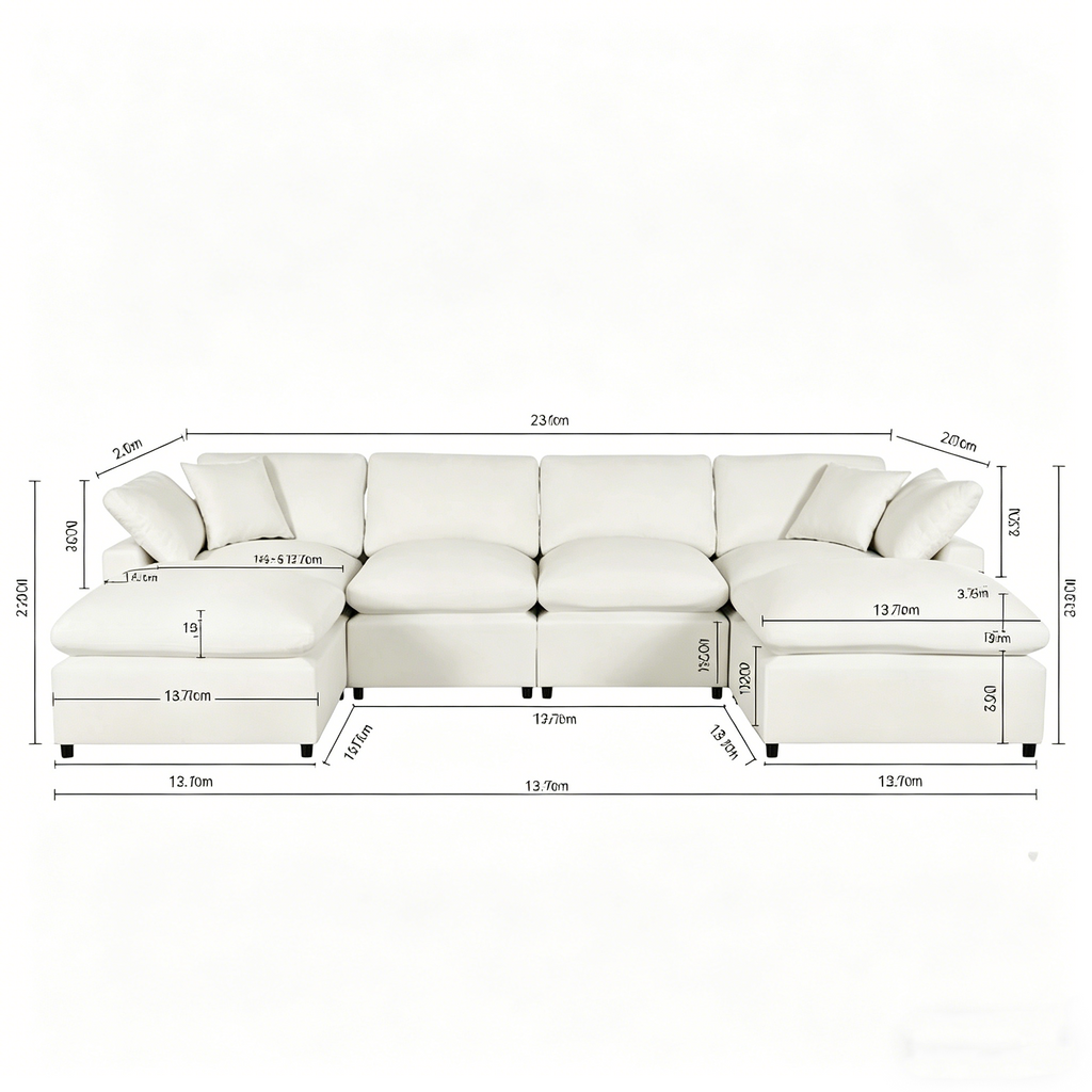 Un grand canapé d'angle moderne en U, doté de deux méridiennes spacieuses et d'un pouf amovible, parfait pour le salon.