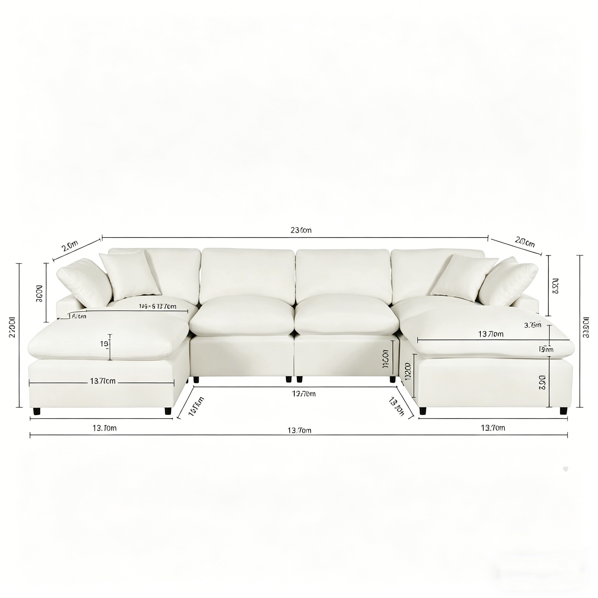 Un grand canapé d'angle moderne en U, doté de deux méridiennes spacieuses et d'un pouf amovible, parfait pour le salon.