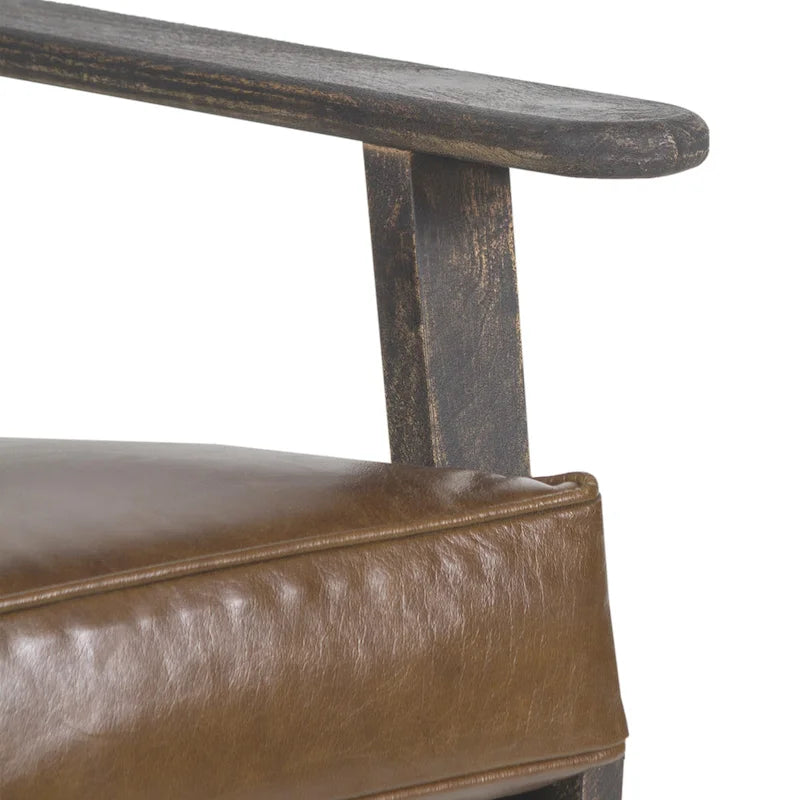 Fauteuil d'appoint Amber, Bois de manguier à lattes fabriqué à la main, Coussins en cuir de buffle, Pieds inclinés