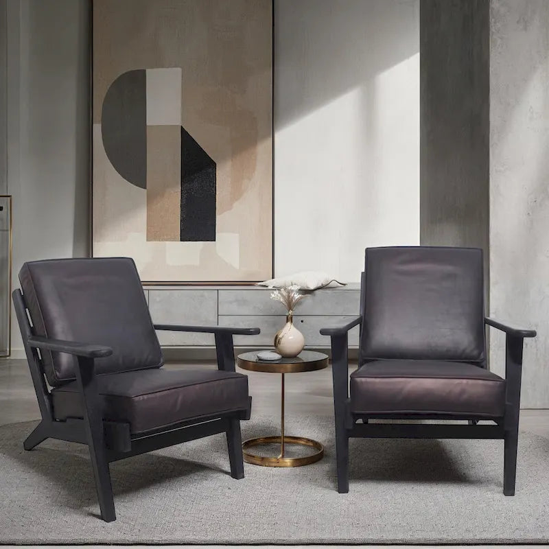 Fauteuil d'appoint Amber, Bois de manguier à lattes fabriqué à la main, Coussins en cuir de buffle, Pieds inclinés