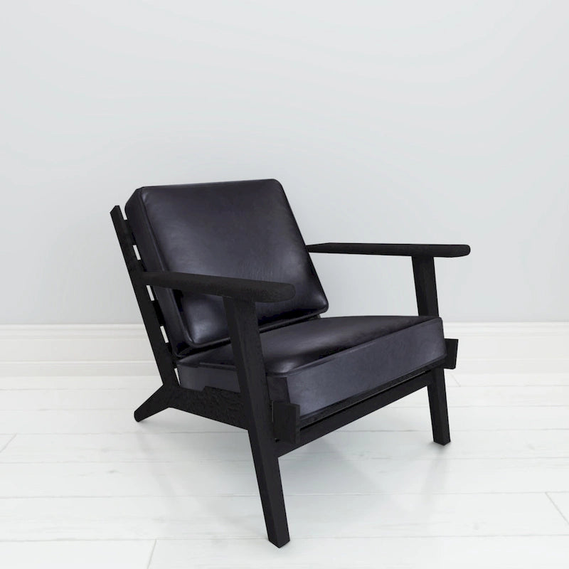Fauteuil d'appoint Amber, Bois de manguier à lattes fabriqué à la main, Coussins en cuir de buffle, Pieds inclinés