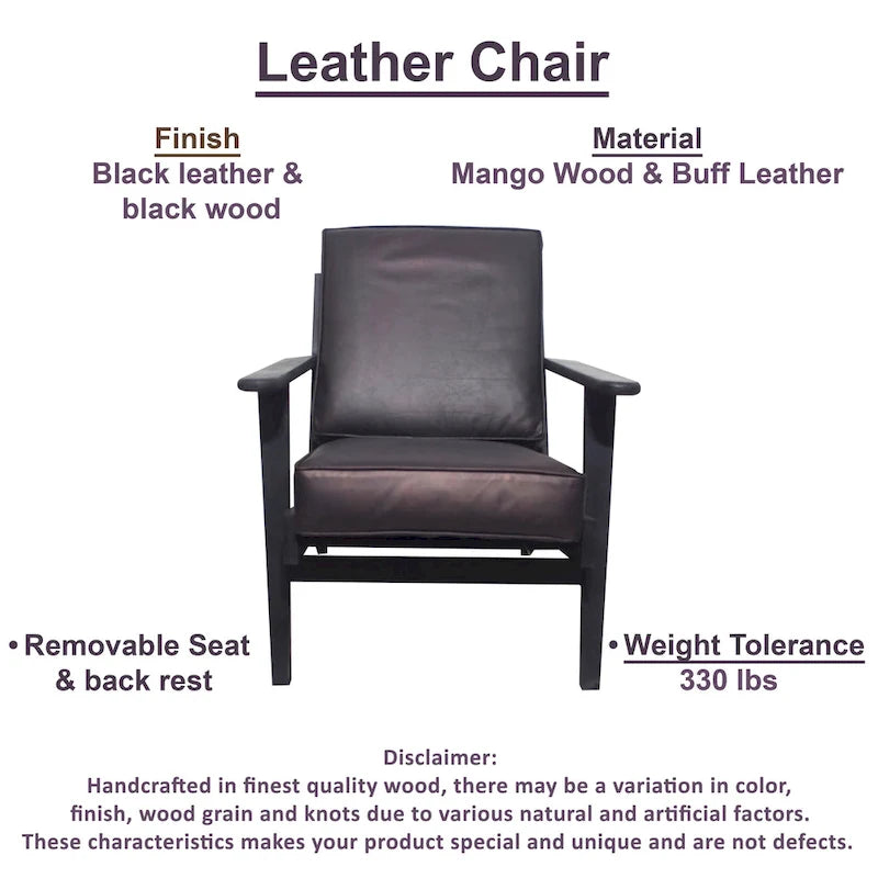 Fauteuil d'appoint Amber, Bois de manguier à lattes fabriqué à la main, Coussins en cuir de buffle, Pieds inclinés