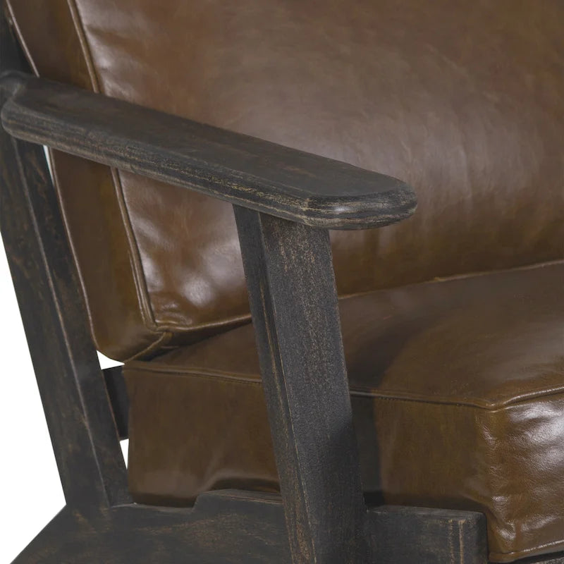 Fauteuil d'appoint Amber, Bois de manguier à lattes fabriqué à la main, Coussins en cuir de buffle, Pieds inclinés