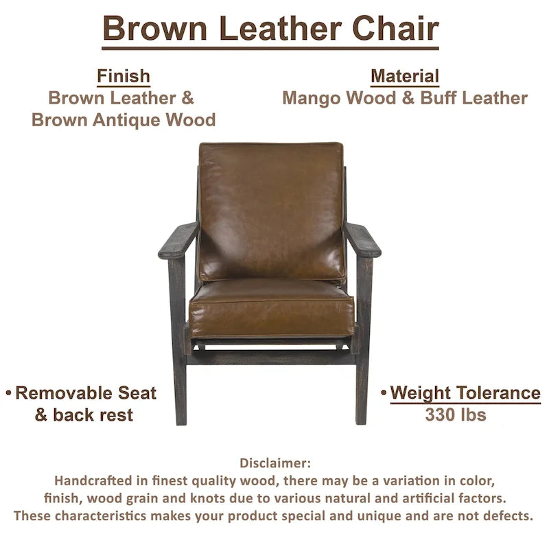 Fauteuil d'appoint Amber, Bois de manguier à lattes fabriqué à la main, Coussins en cuir de buffle, Pieds inclinés