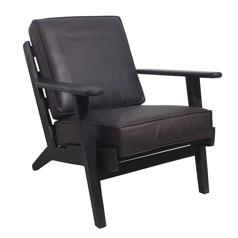Fauteuil d'appoint Amber, Bois de manguier à lattes fabriqué à la main, Coussins en cuir de buffle, Pieds inclinés