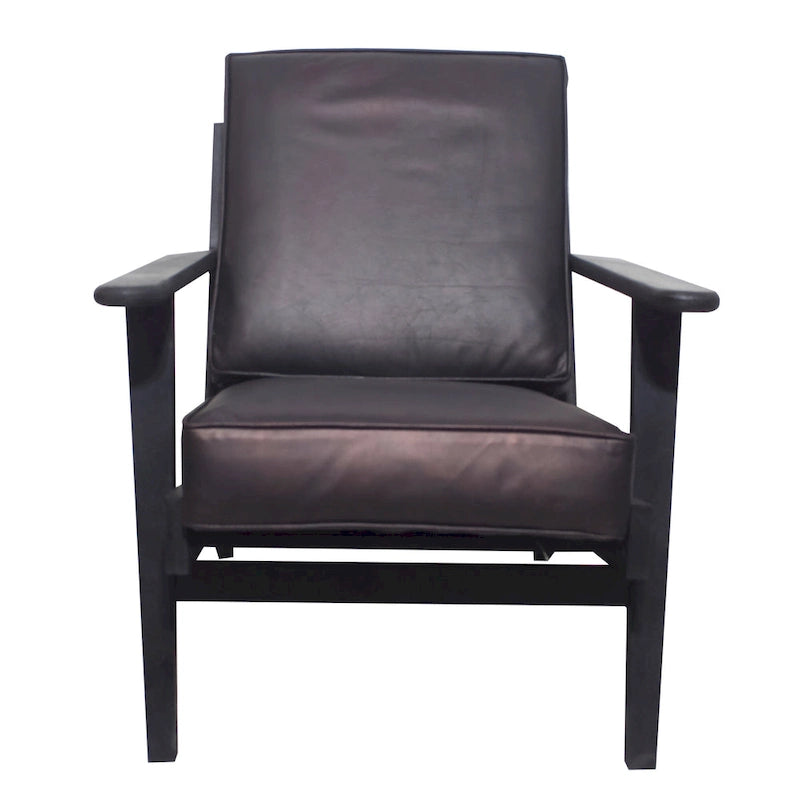 Fauteuil d'appoint Amber, Bois de manguier à lattes fabriqué à la main, Coussins en cuir de buffle, Pieds inclinés