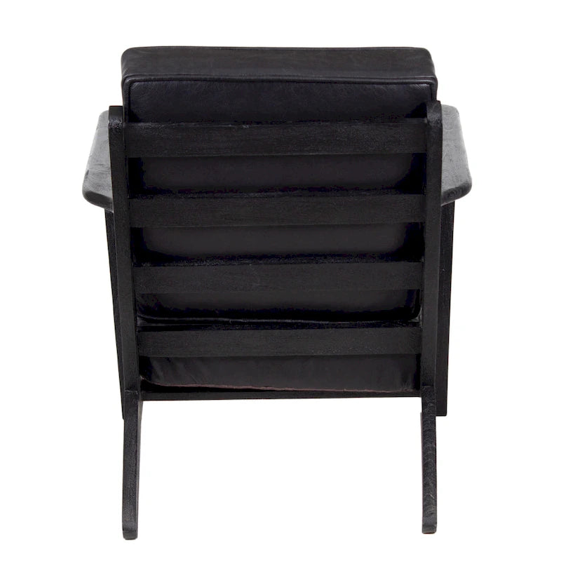 Fauteuil d'appoint Amber, Bois de manguier à lattes fabriqué à la main, Coussins en cuir de buffle, Pieds inclinés