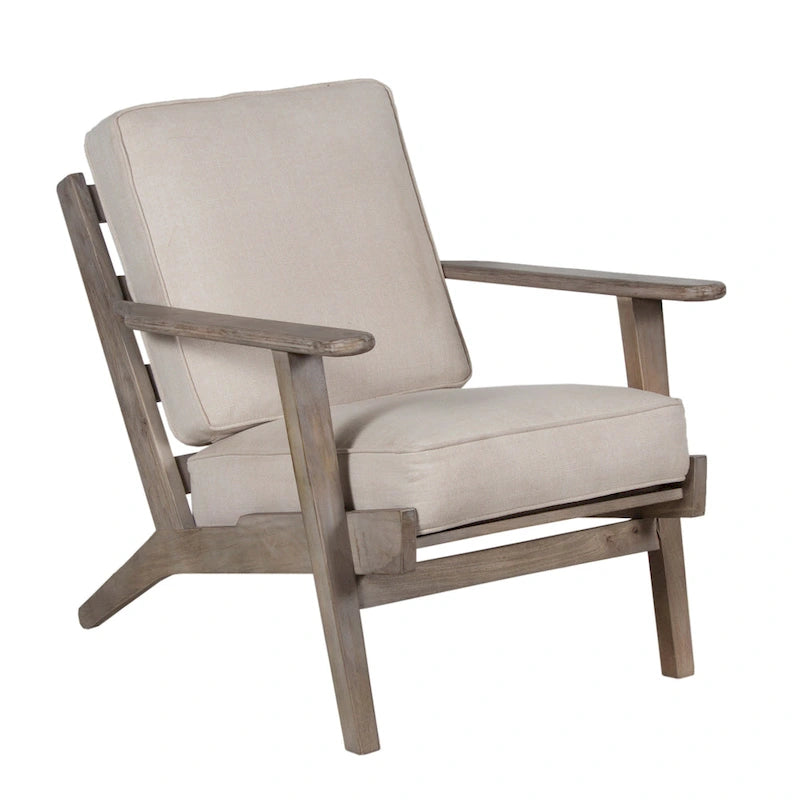 Fauteuil d'appoint Amber, Bois de manguier à lattes fabriqué à la main, Coussins en cuir de buffle, Pieds inclinés