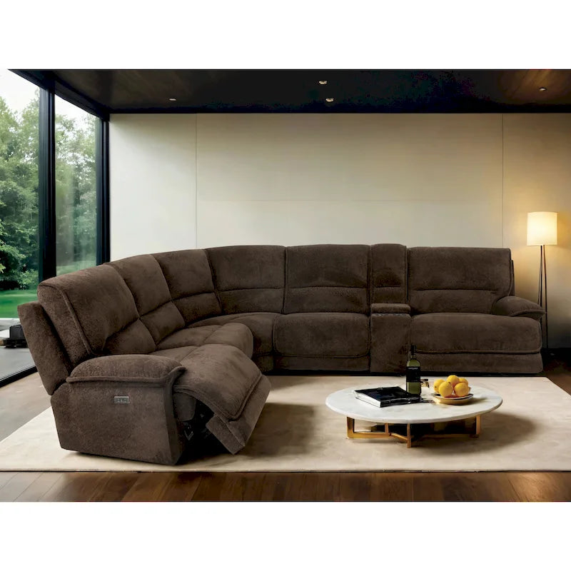 Ensemble de canapés inclinables modernes marron foncé avec console et ports USB.