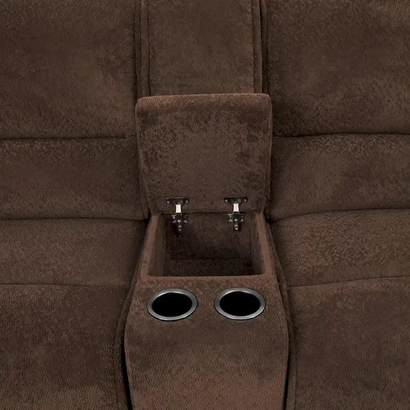 Ensemble de canapés inclinables modernes marron foncé avec console et ports USB.
