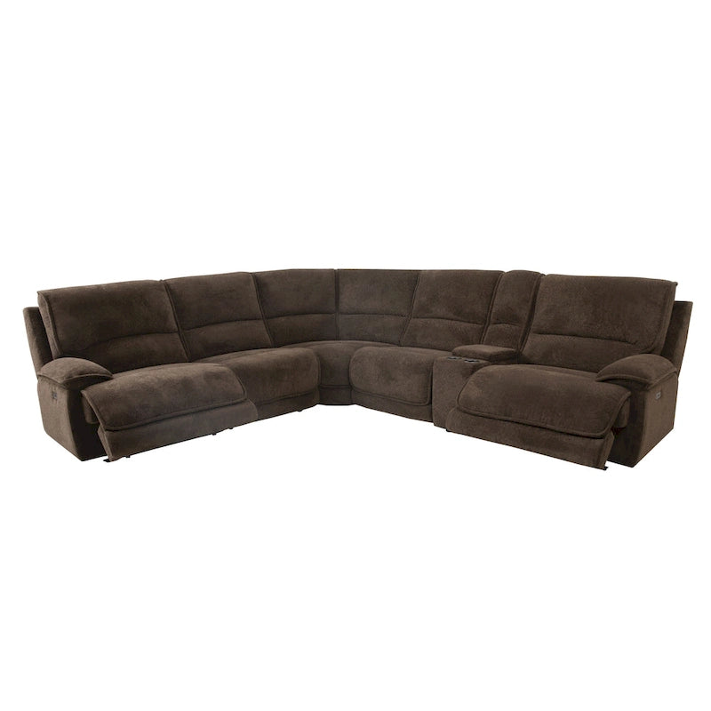 Ensemble de canapés inclinables modernes marron foncé avec console et ports USB.