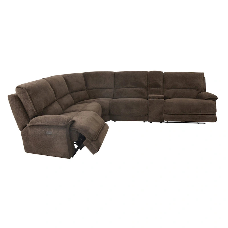 Ensemble de canapés inclinables modernes marron foncé avec console et ports USB.