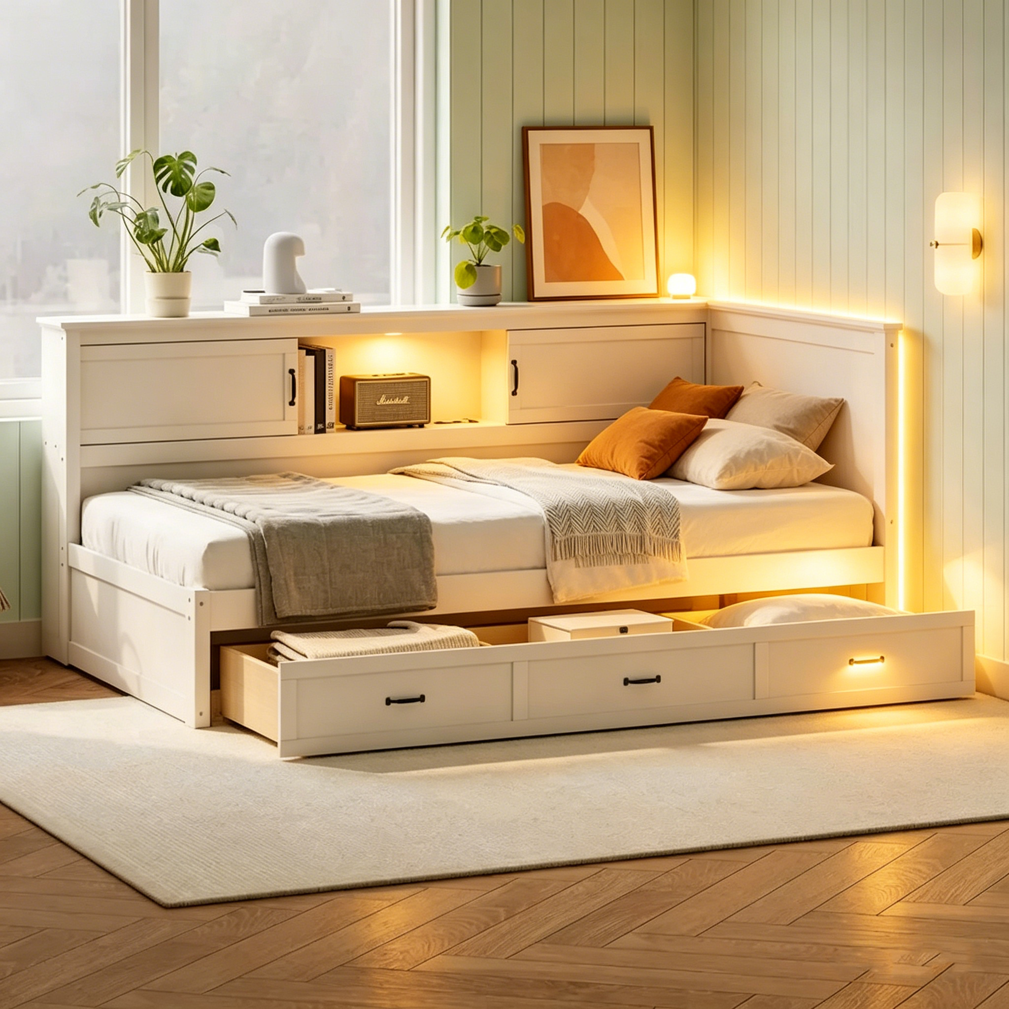 Lit mezzanine en L avec tiroir et bibliothèque, lit capitaine en bois avec éclairage LED et port USB