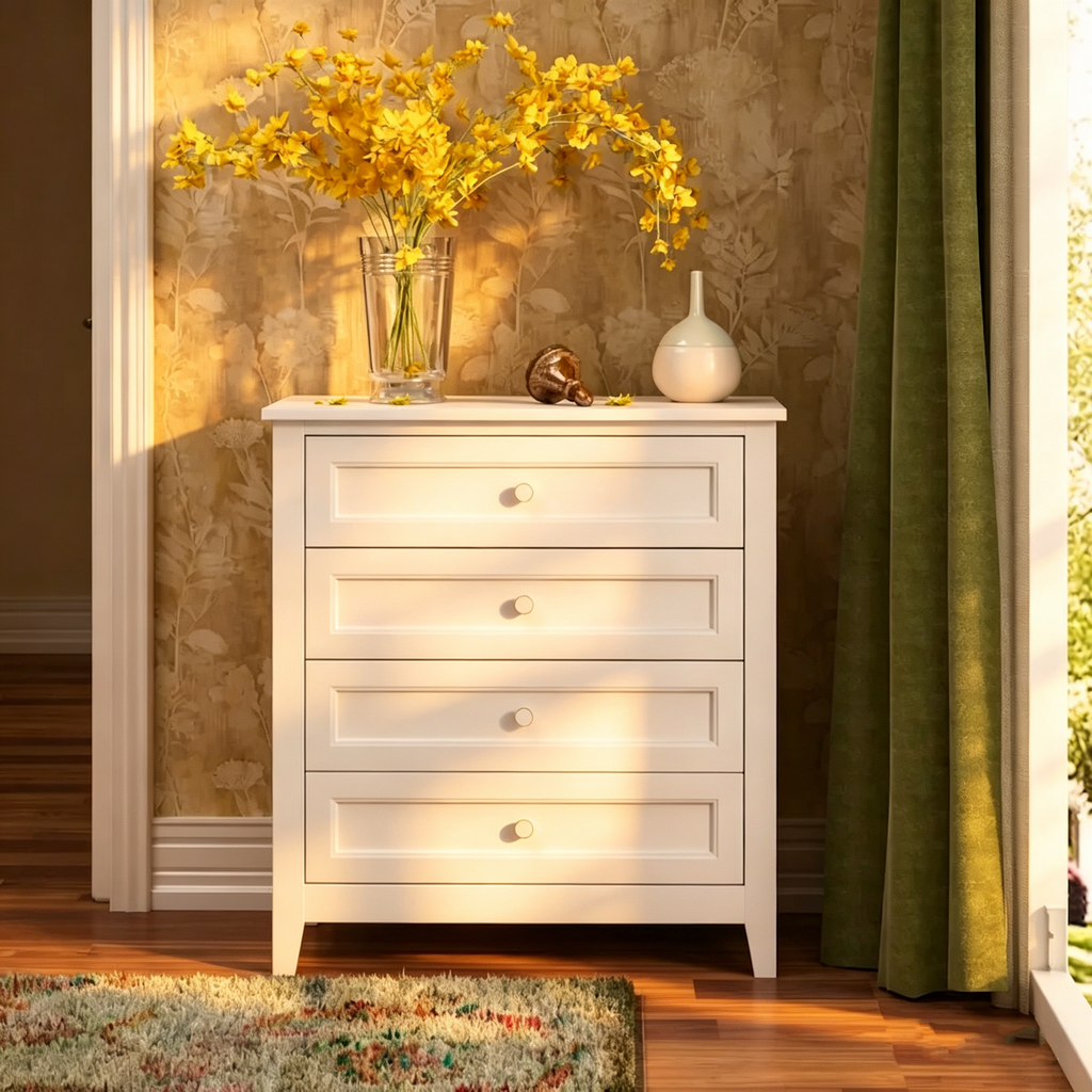 Commode à tiroirs en bois massif pulvérisé avec poignée ronde rétro, blanc