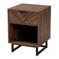Table d'appoint en bois de style moderne avec finition noyer-brun, accents en métal noir et tiroir unique