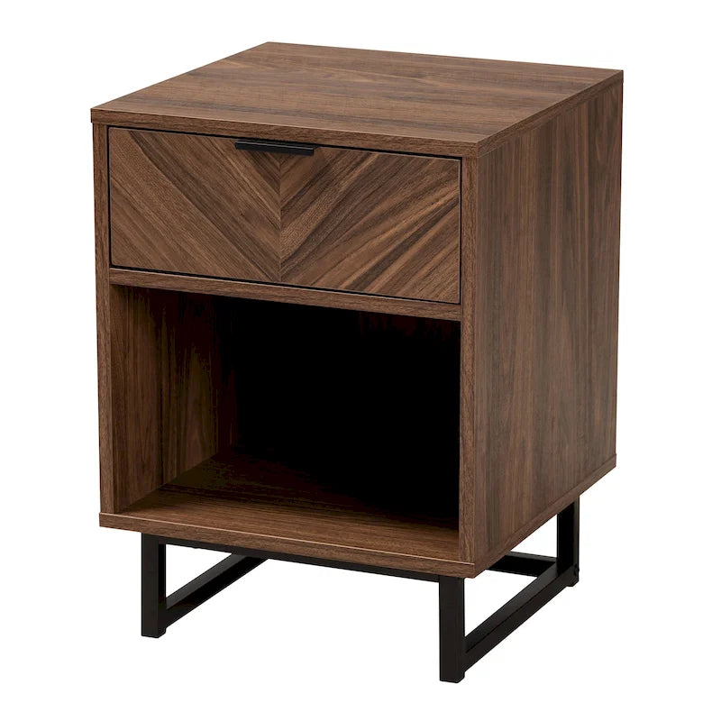 Table d'appoint en bois de style moderne avec finition noyer-brun, accents en métal noir et tiroir unique