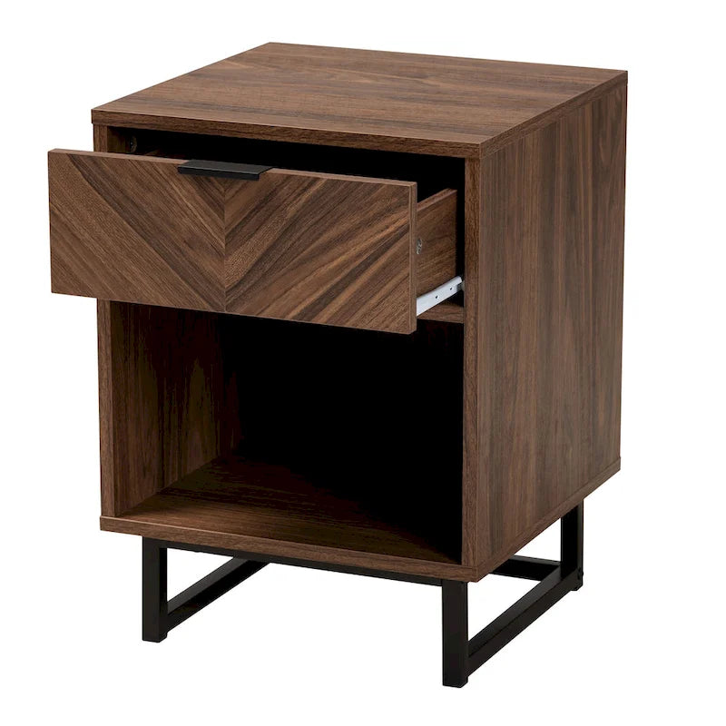 Table d'appoint en bois de style moderne avec finition noyer-brun, accents en métal noir et tiroir unique