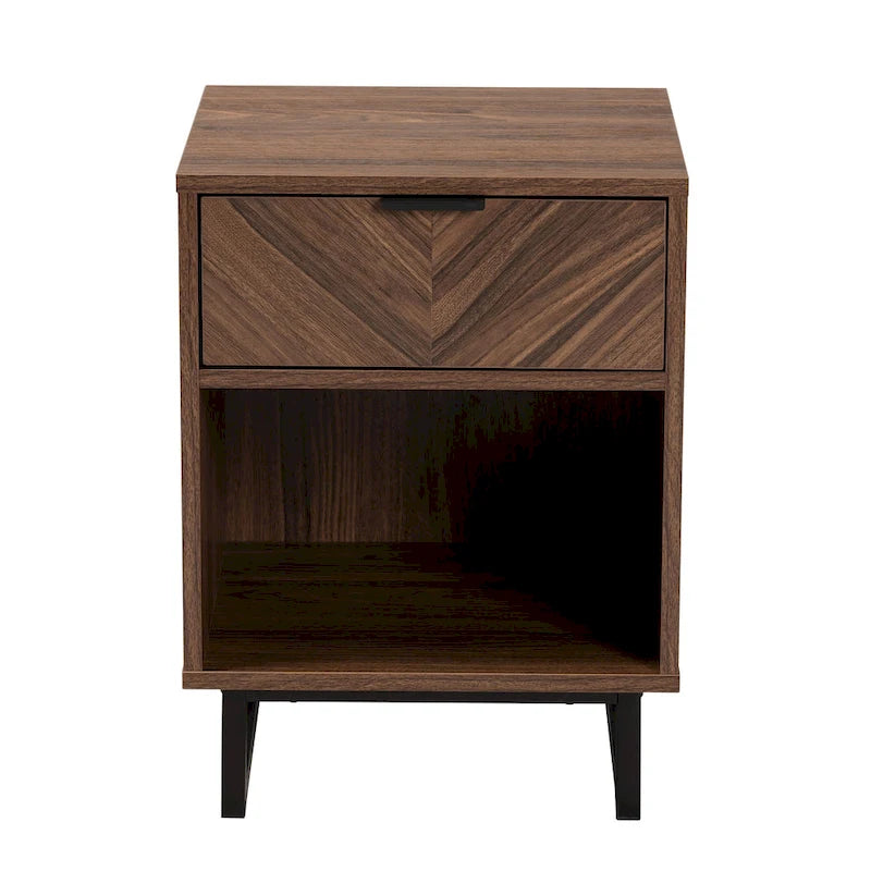 Table d'appoint en bois de style moderne avec finition noyer-brun, accents en métal noir et tiroir unique