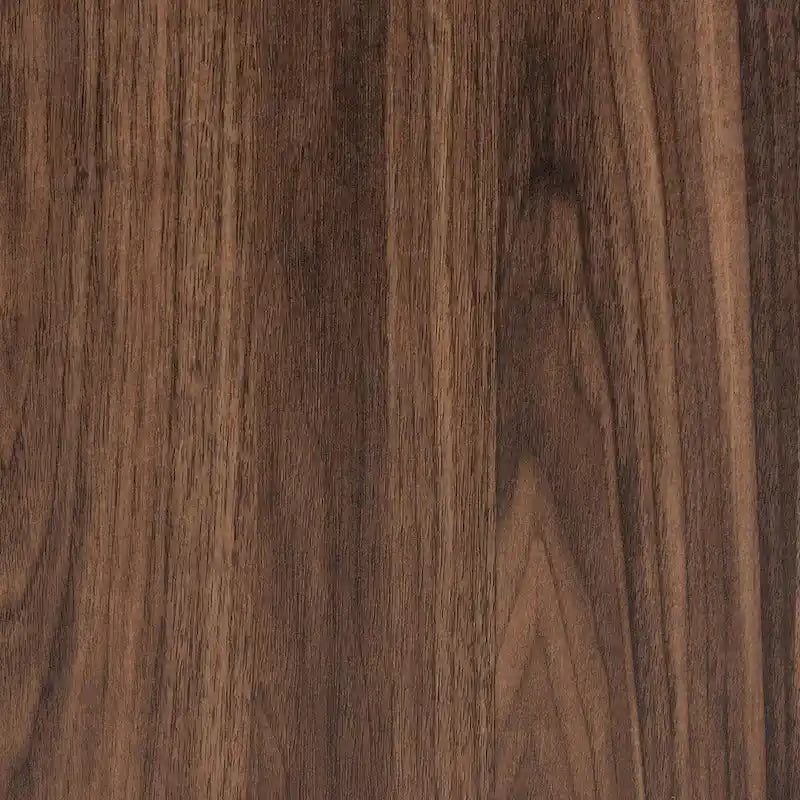 Table d'appoint en bois de style moderne avec finition noyer-brun, accents en métal noir et tiroir unique