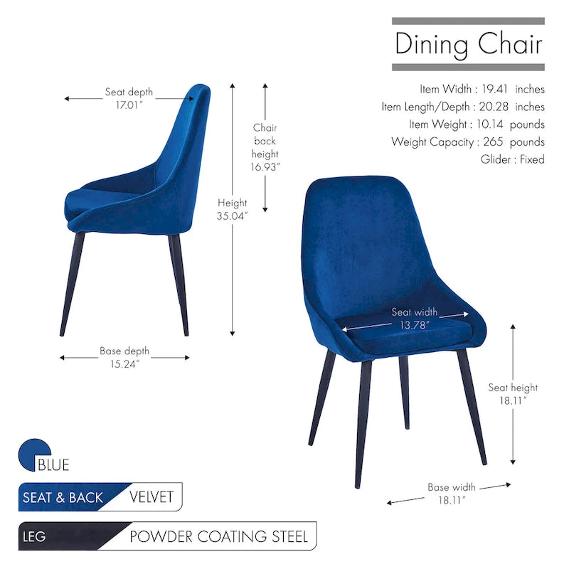Chaises de salle à manger (lot de 2) — Revêtement en velours, pieds en acier