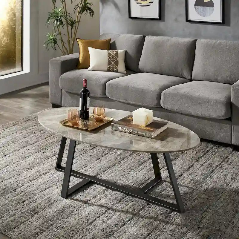 Table à piètement métallique gris, en pierre frittée brillante