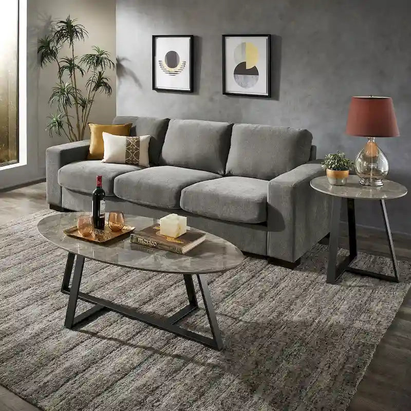 Table à piètement métallique gris, en pierre frittée brillante