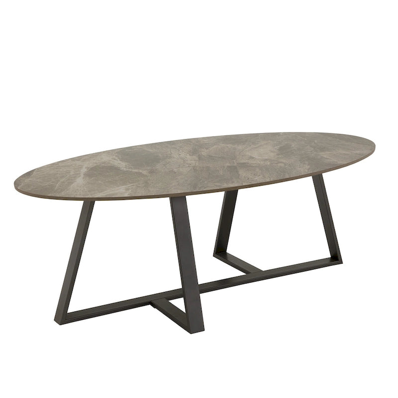 Table à piètement métallique gris, en pierre frittée brillante