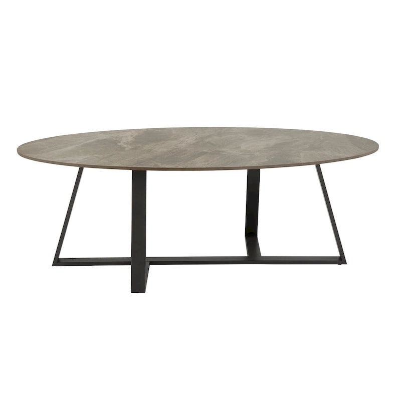 Table à piètement métallique gris, en pierre frittée brillante