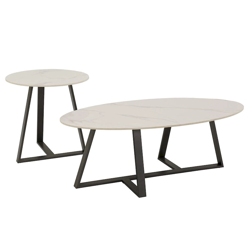 Table à piètement métallique gris, en pierre frittée brillante