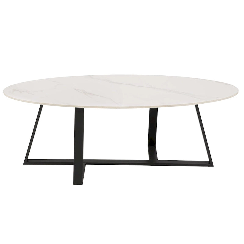 Table à piètement métallique gris, en pierre frittée brillante