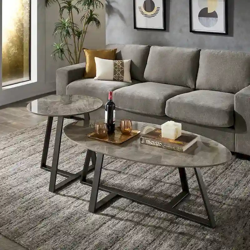 Table à piètement métallique gris, en pierre frittée brillante