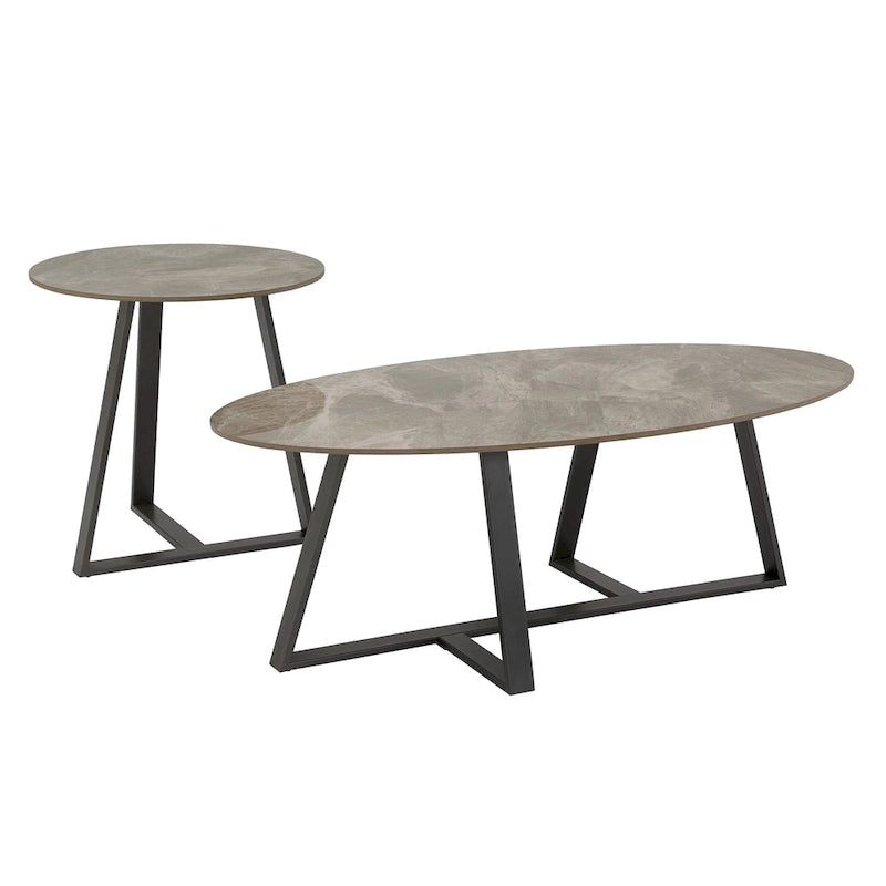 Table à piètement métallique gris, en pierre frittée brillante