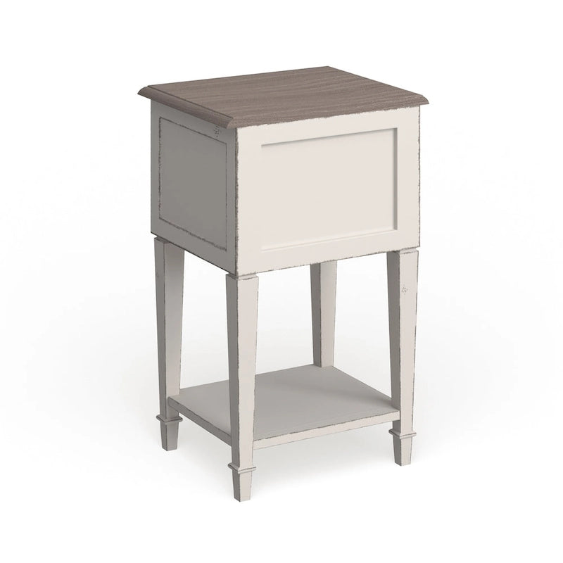 Table de chevet en bois massif avec finition chêne vieilli et patine blanchie