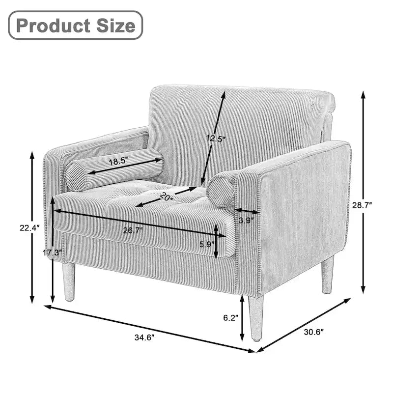 2 Fauteuils d'appoint modernes en velours côtelé à accoudoirs larges