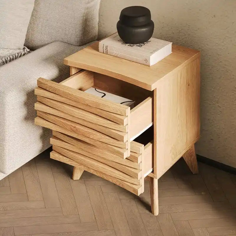 Table de chevet à double tiroir aspect chêne, meuble de chambre