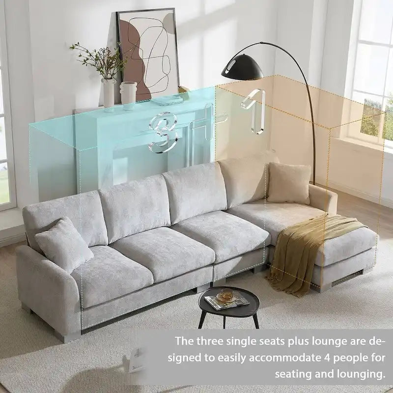 Canapé d'angle surdimensionné avec méridienne, Canapé d'angle en chenille en forme de L pour salon, appartement, bureau