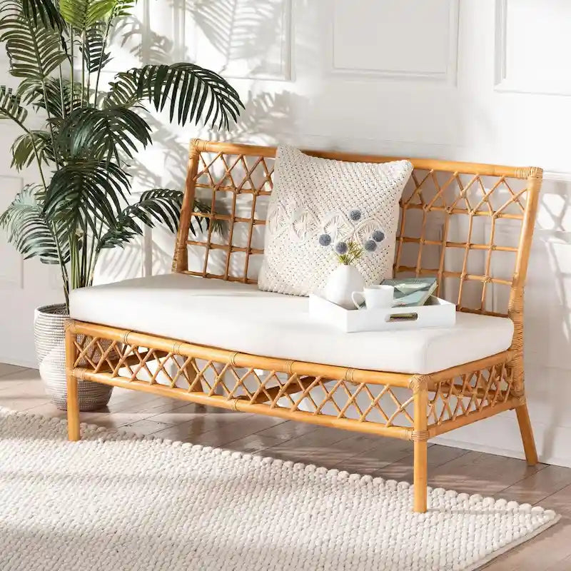 Chaise et banc de salle à manger en rotin couleur miel, style bohème moderne