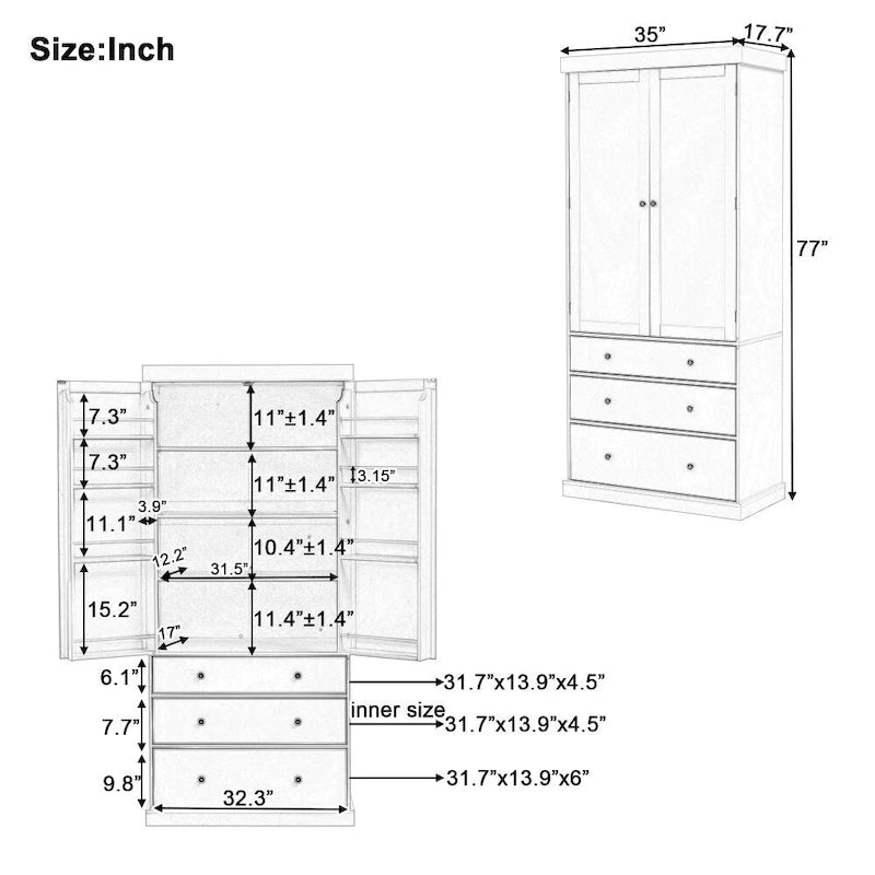 Garde-manger de cuisine de ferme de 195 cm, Armoire de rangement haute autonome