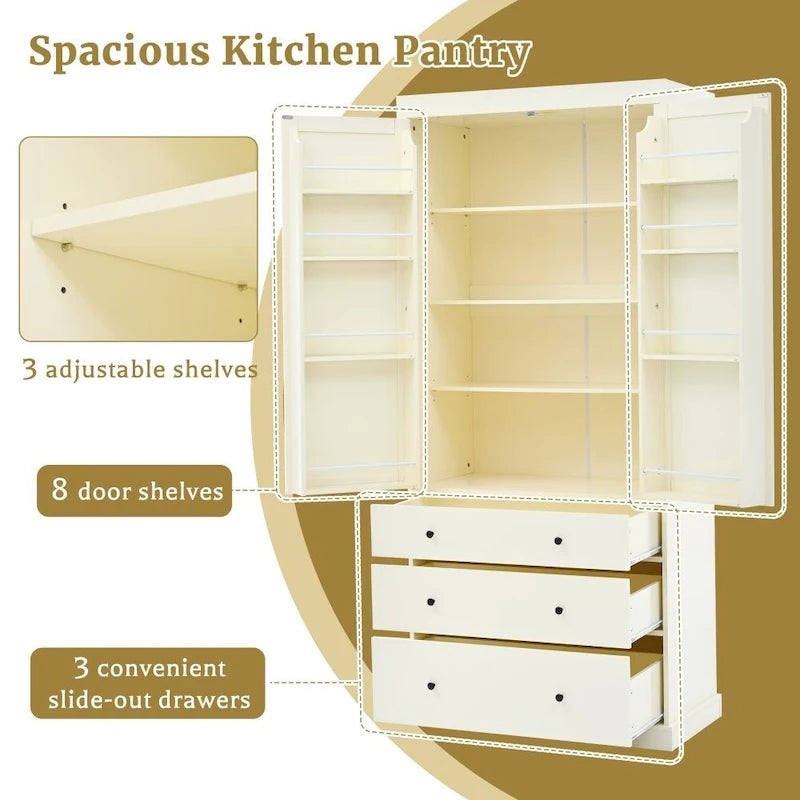 Garde-manger de cuisine de ferme de 195 cm, Armoire de rangement haute autonome