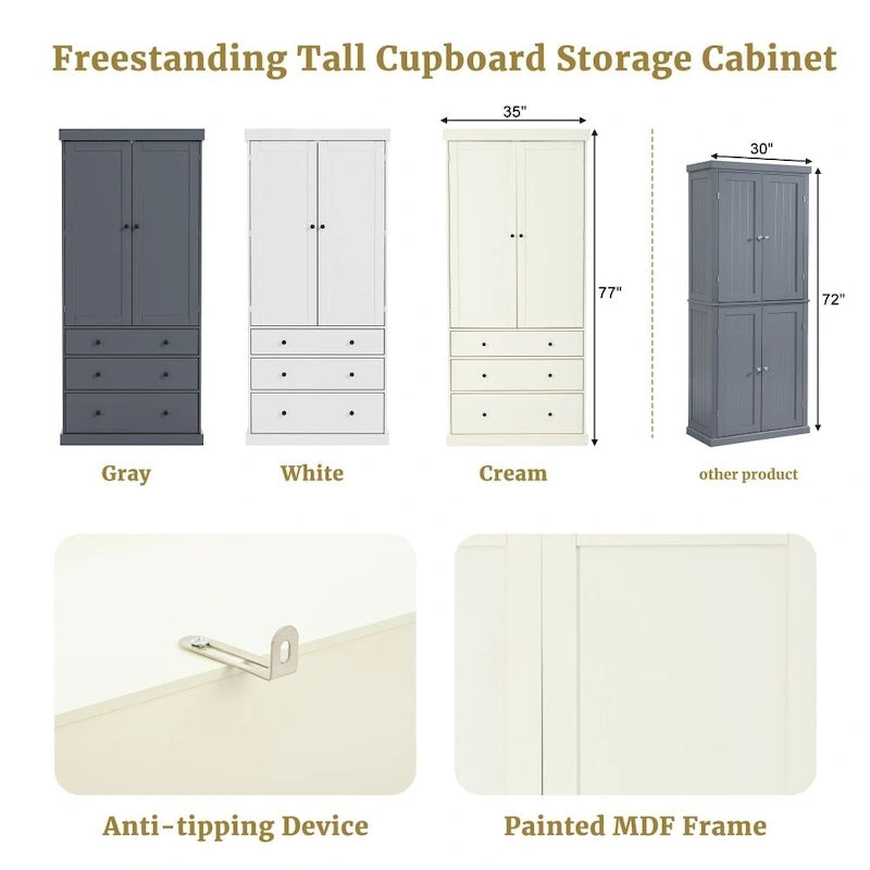 Garde-manger de cuisine de ferme de 195 cm, Armoire de rangement haute autonome
